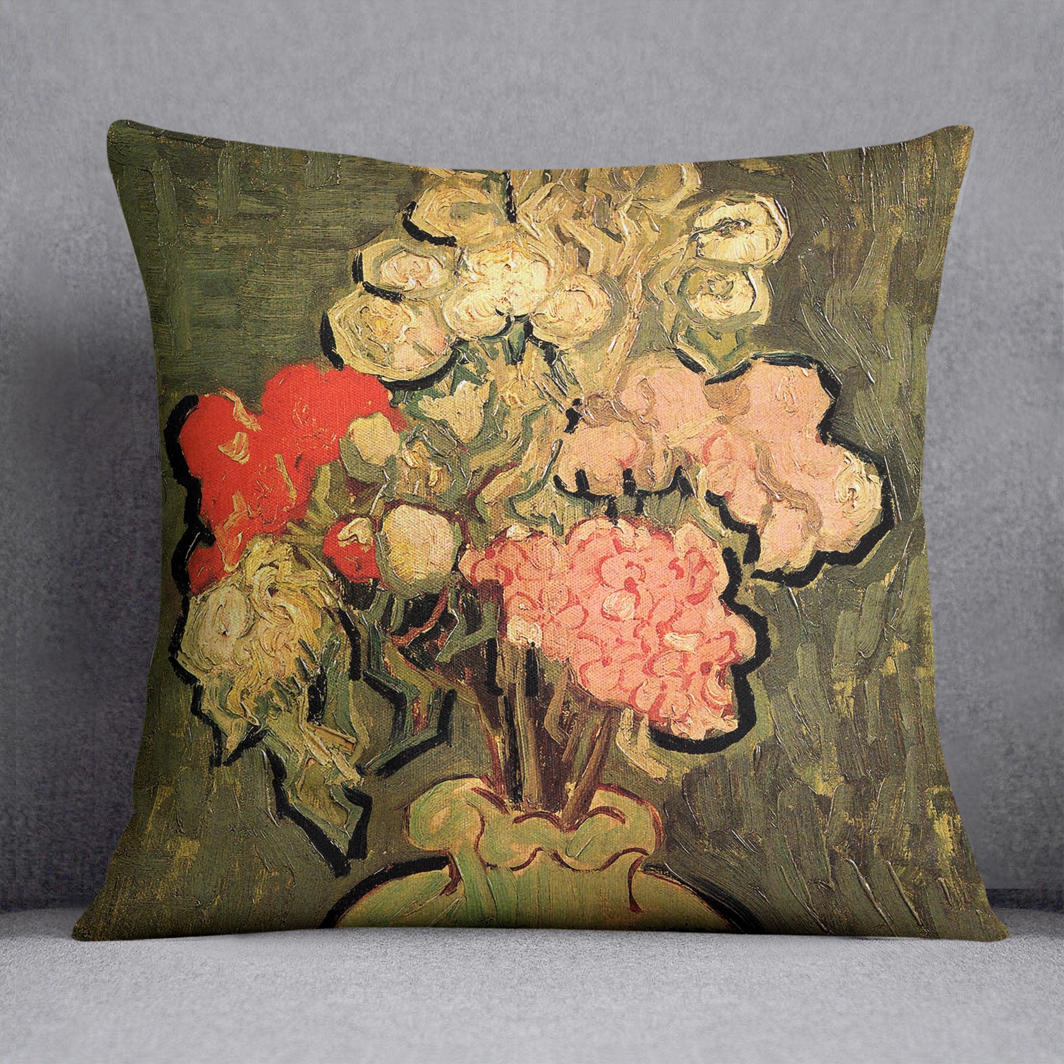 Still Life Vase with Rose-Mallows by Van Gogh Cushion