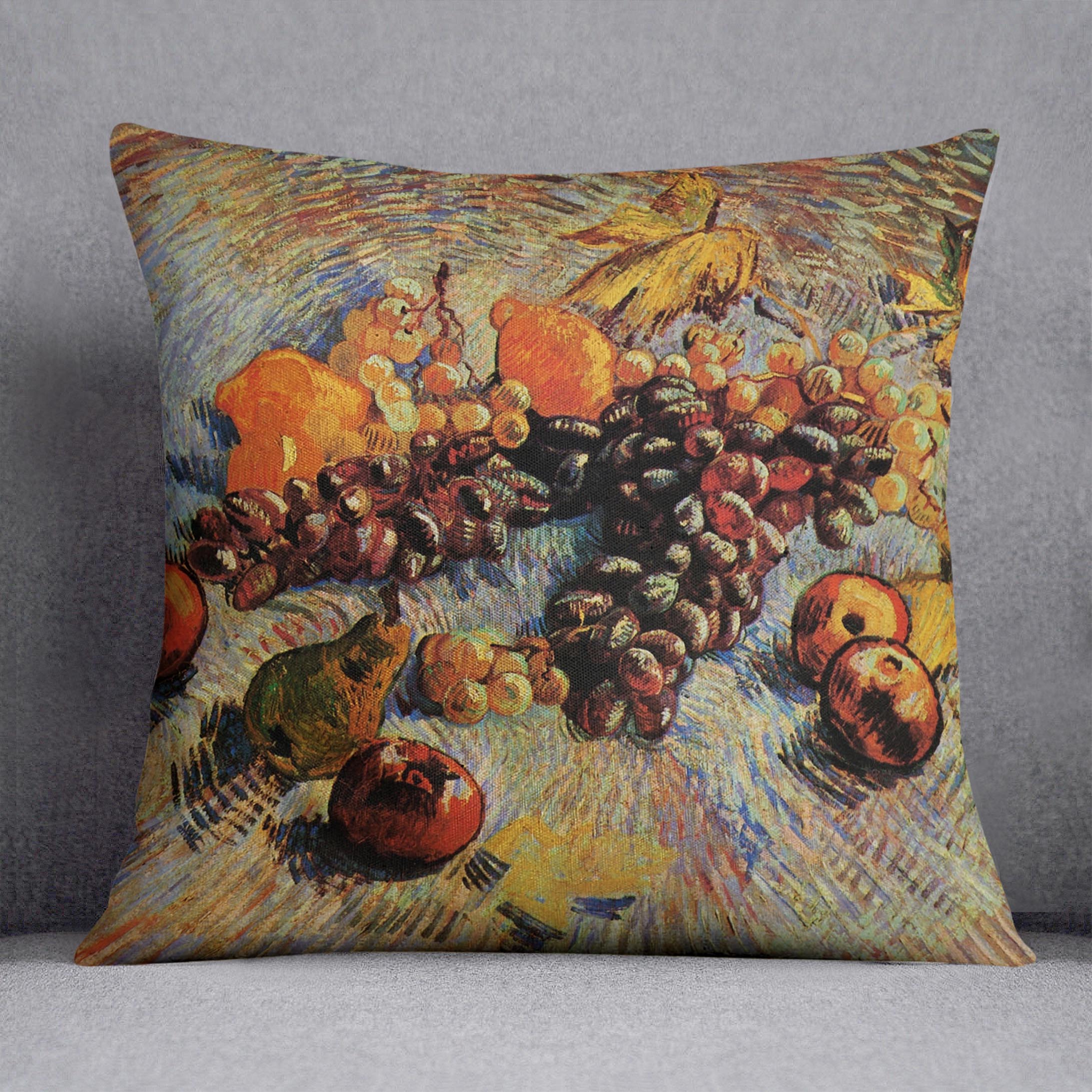 Still Life with Apples Pears Lemons and Grapes by Van Gogh Cushion