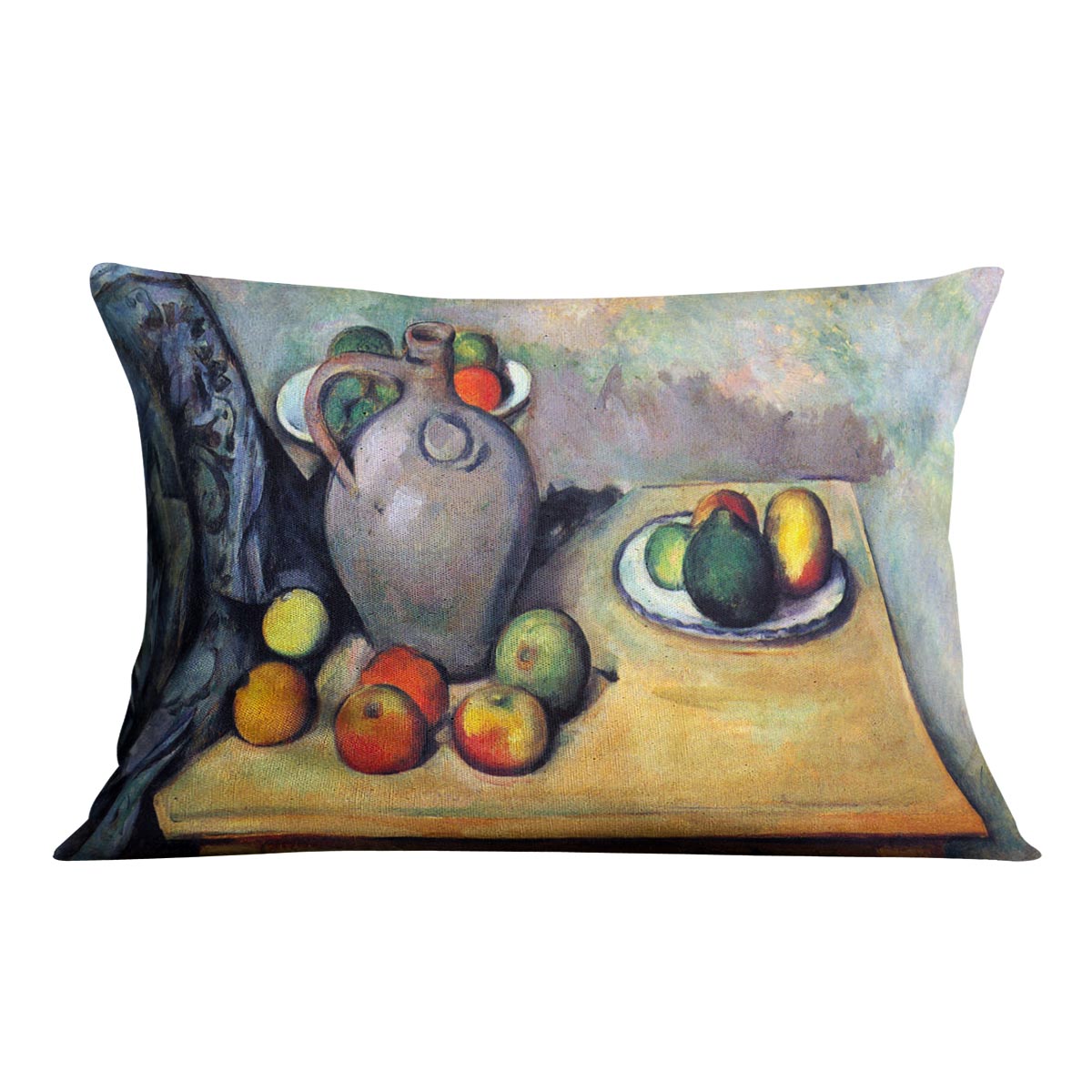 Still life pitcher and fruit on a table by Cezanne Cushion