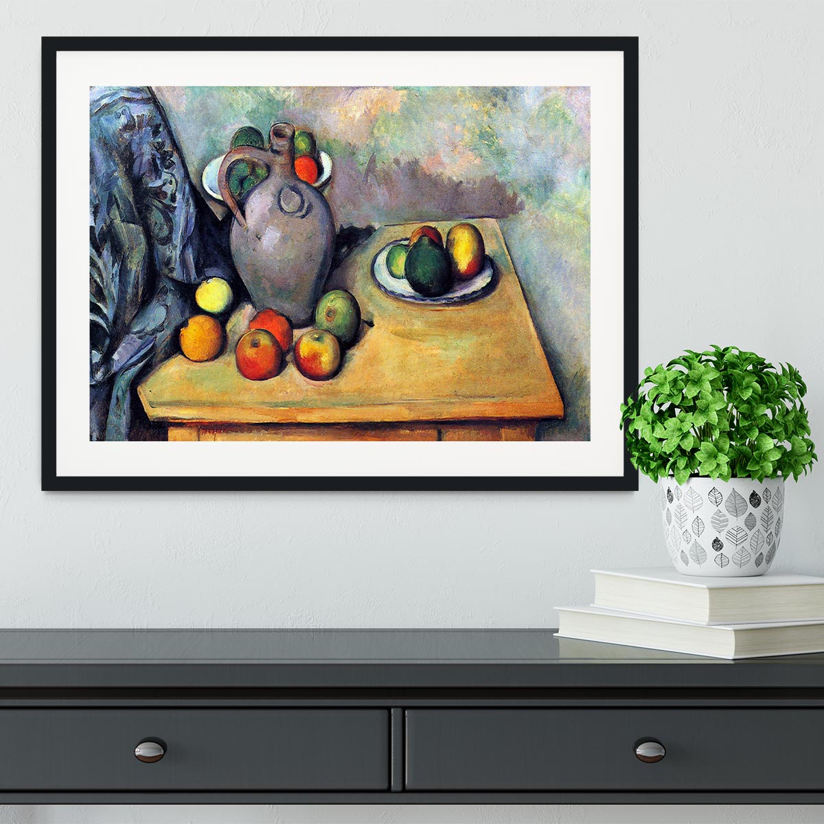 Still life pitcher and fruit on a table by Cezanne Framed Print - Canvas Art Rocks - 1