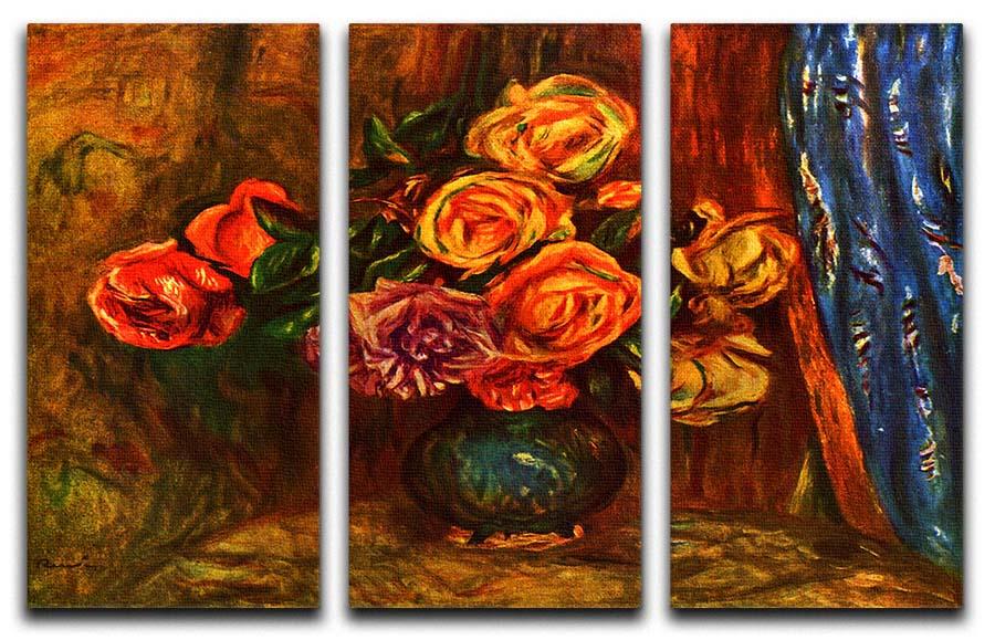 Still life roses before a blue curtain by Renoir 3 Split Panel Canvas Print - Canvas Art Rocks - 1