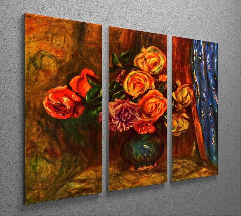 Still life roses before a blue curtain by Renoir 3 Split Panel Canvas Print - Canvas Art Rocks - 2