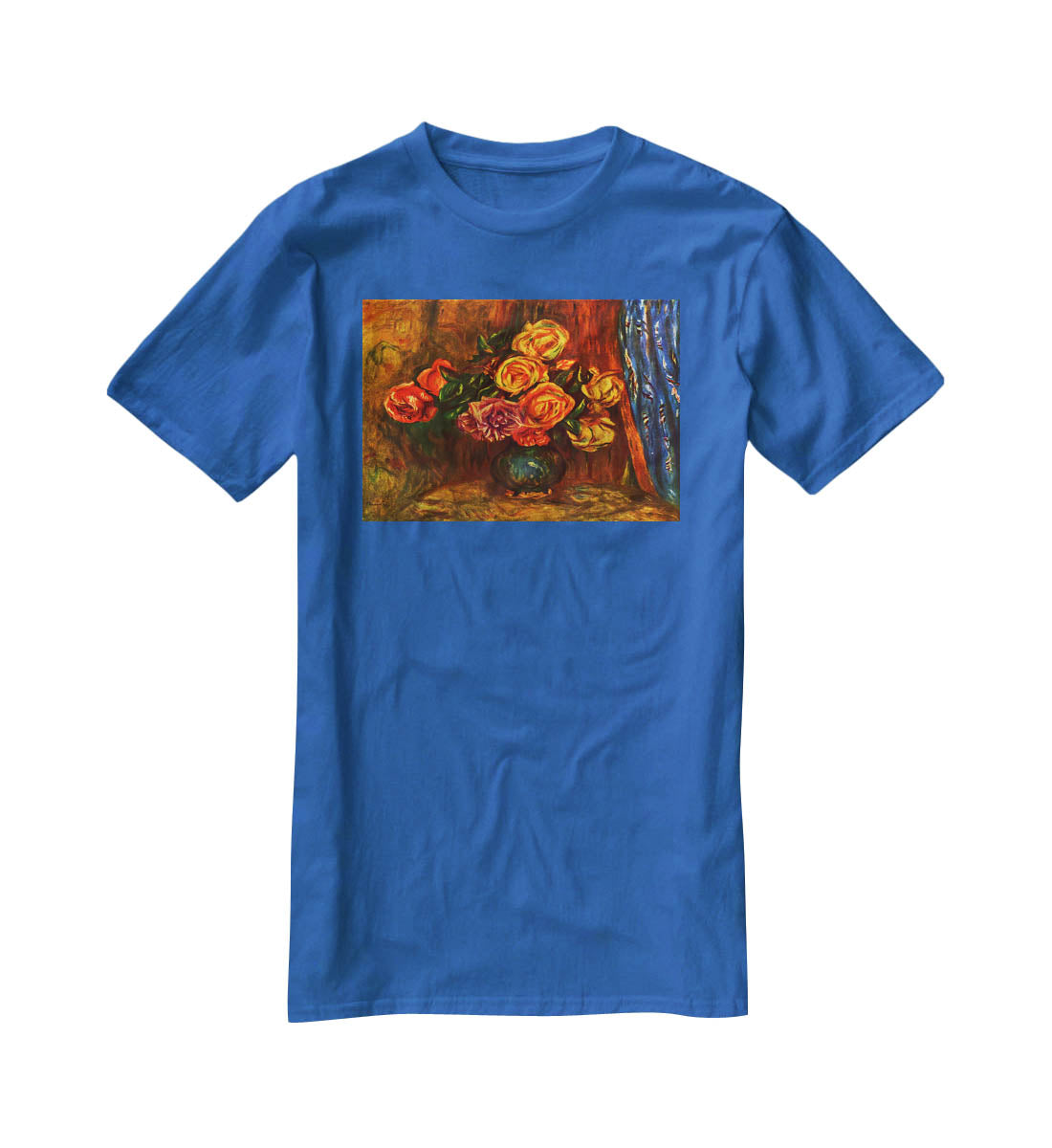Still life roses before a blue curtain by Renoir T-Shirt - Canvas Art Rocks - 2