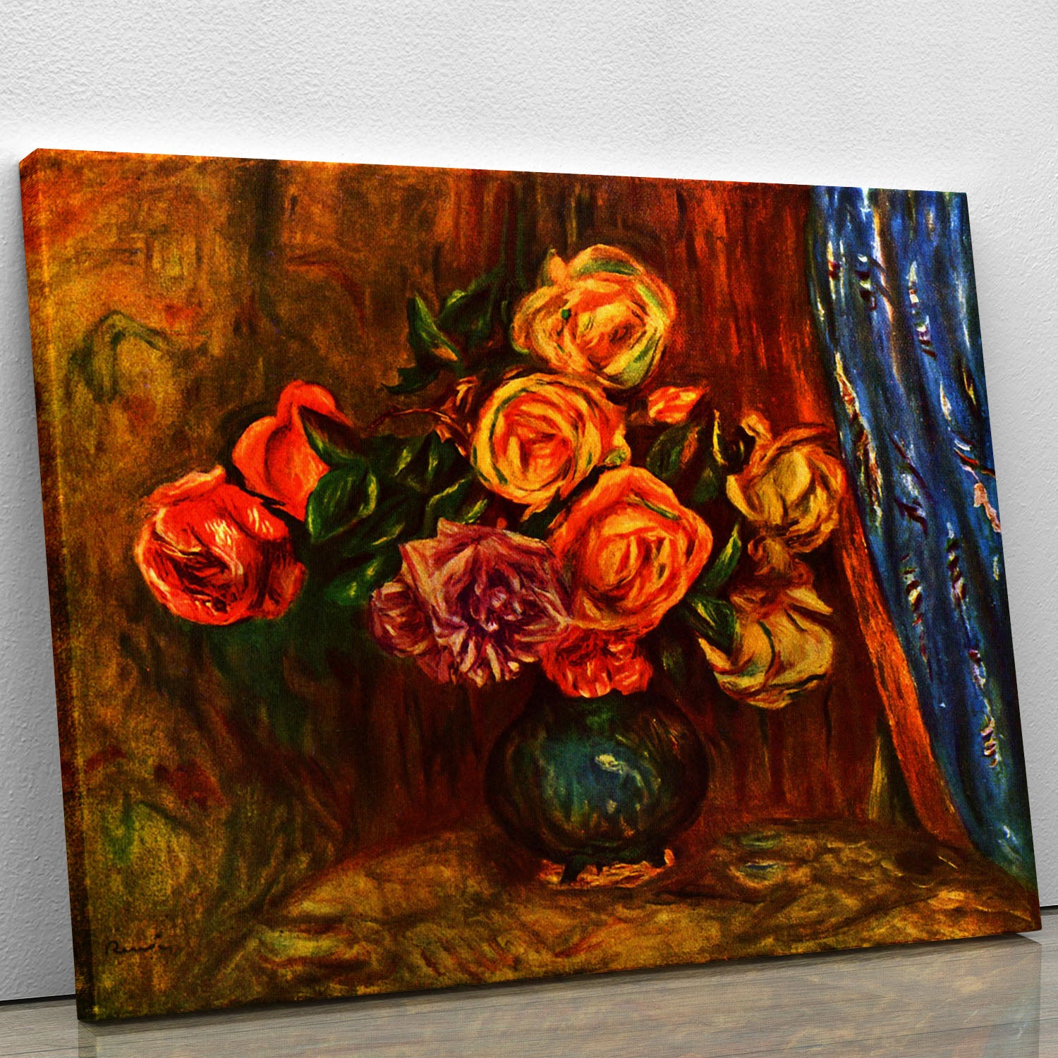 Still life roses before a blue curtain by Renoir Canvas Print or Poster - Canvas Art Rocks - 1