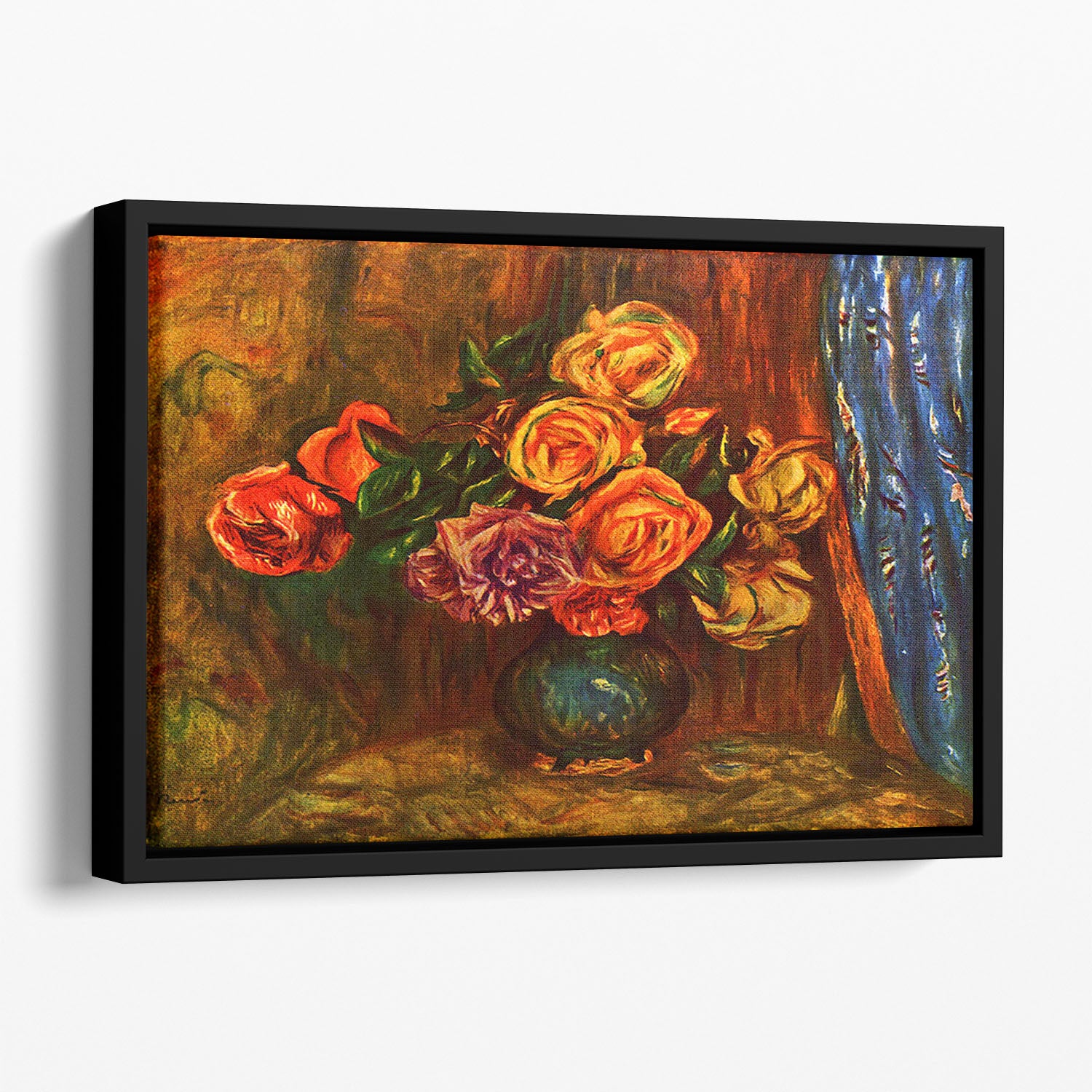 Still life roses before a blue curtain by Renoir Floating Framed Canvas