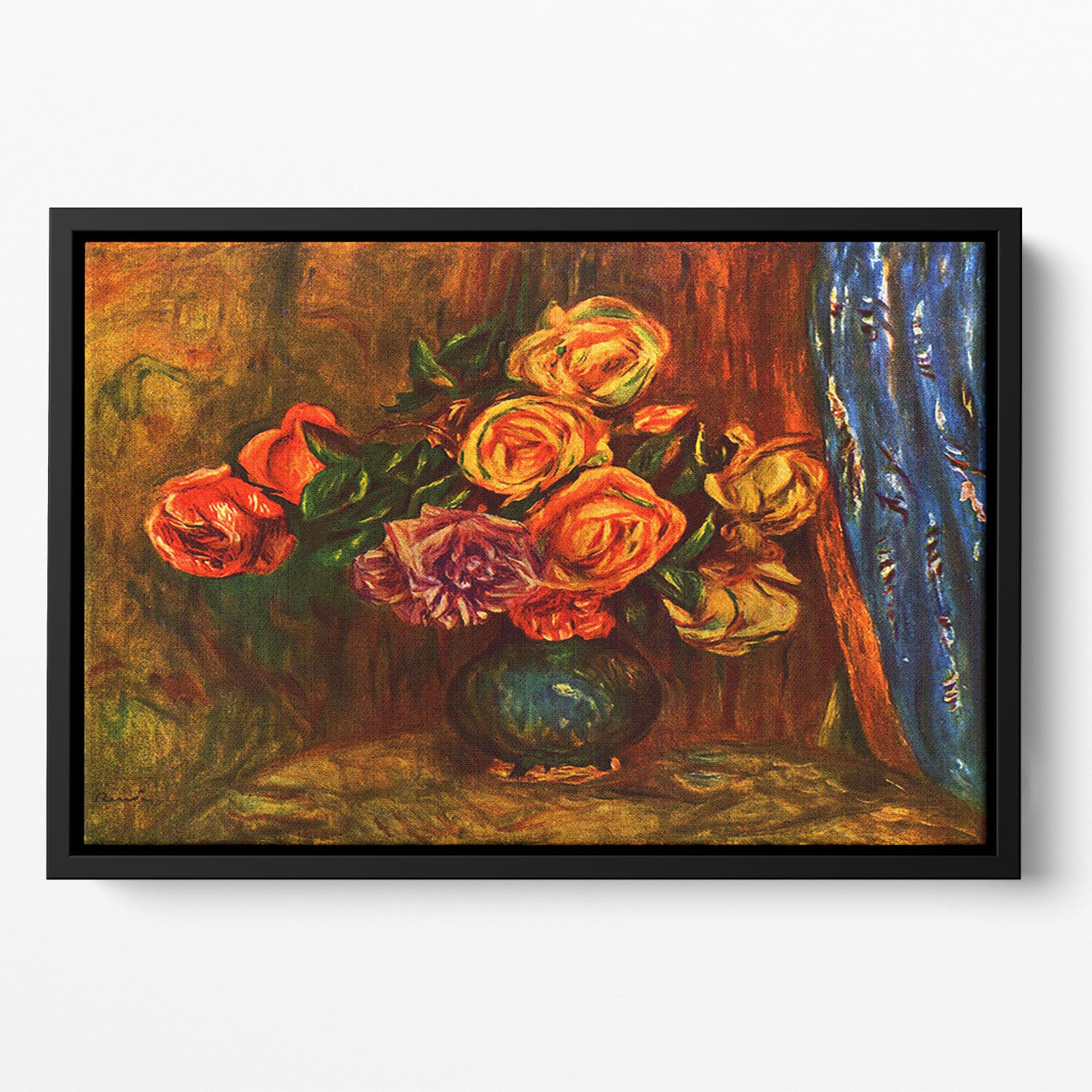 Still life roses before a blue curtain by Renoir Floating Framed Canvas