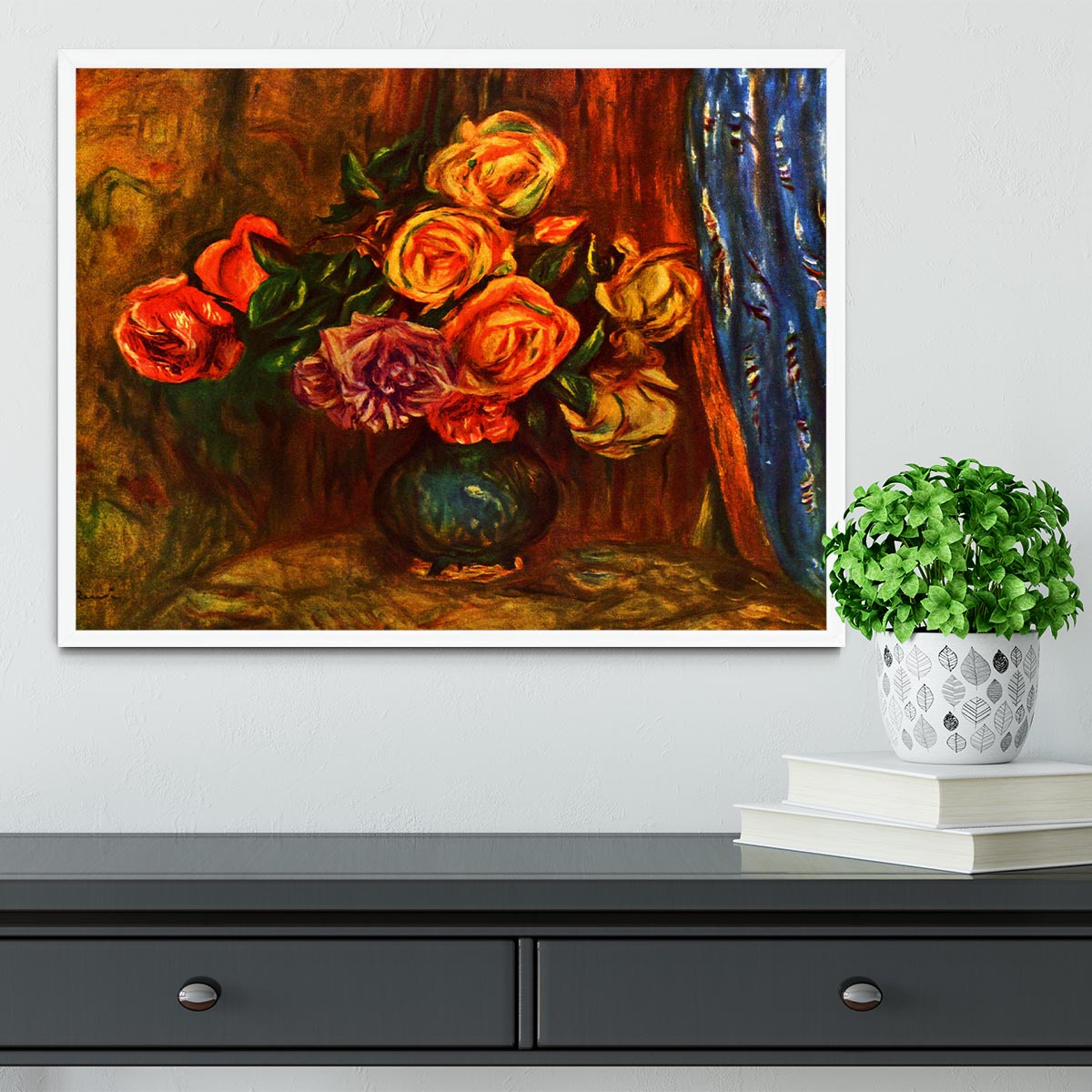 Still life roses before a blue curtain by Renoir Framed Print - Canvas Art Rocks -6