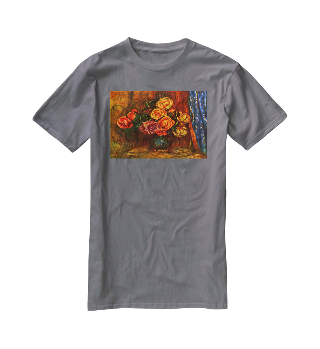 Still life roses before a blue curtain by Renoir T-Shirt - Canvas Art Rocks - 3