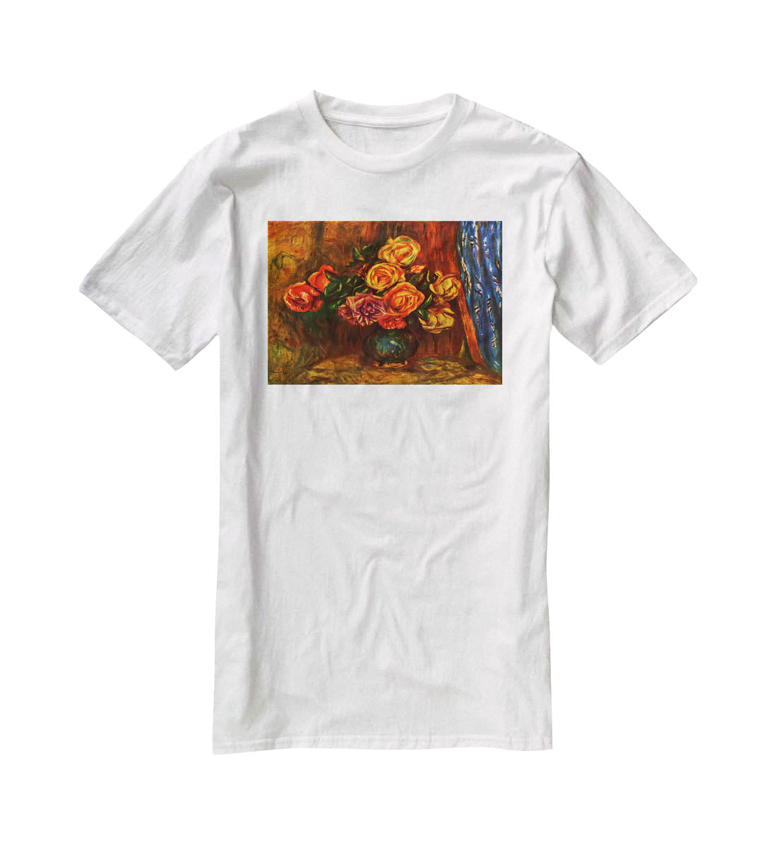 Still life roses before a blue curtain by Renoir T-Shirt - Canvas Art Rocks - 5