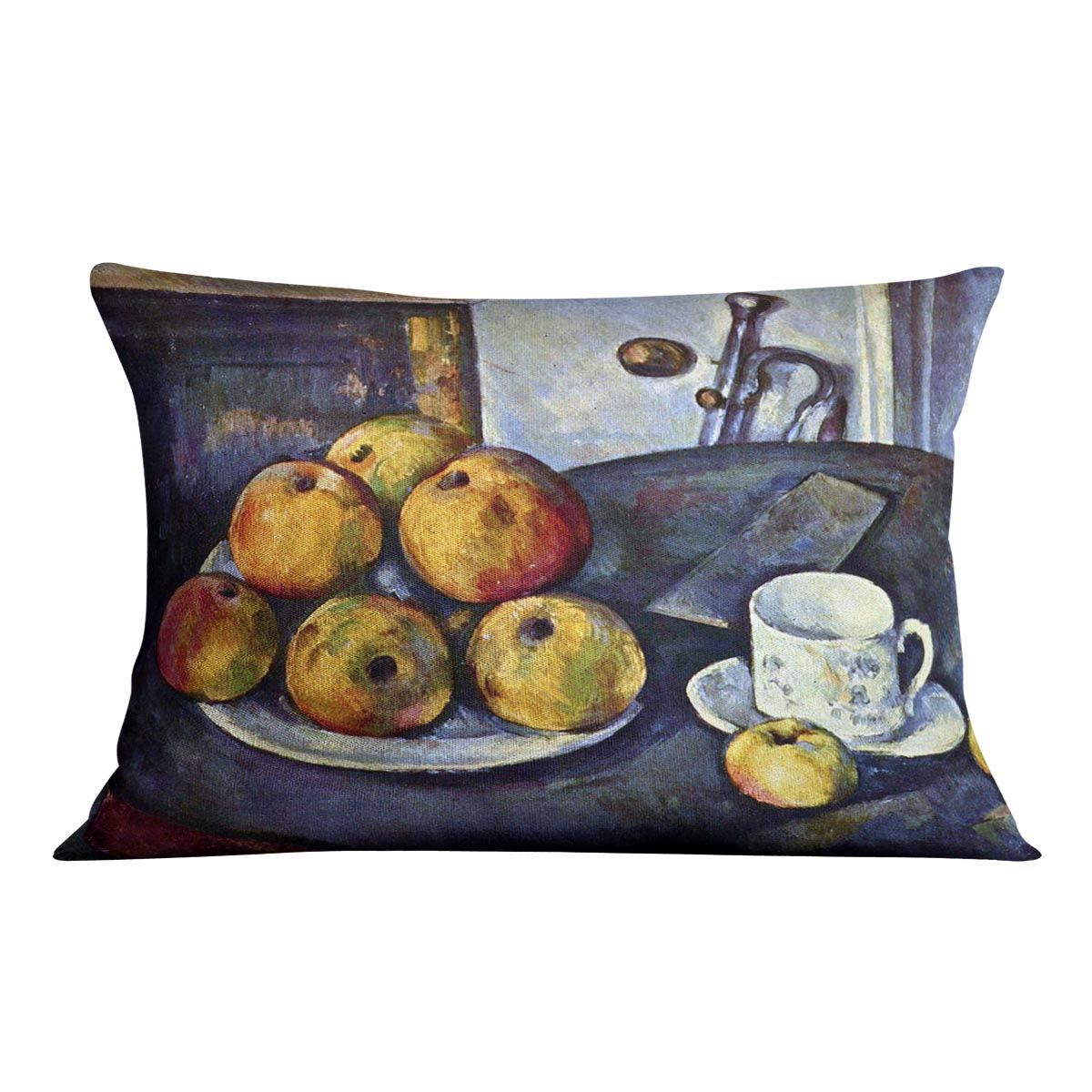 Still life with a bottle and apple cart by Cezanne Cushion