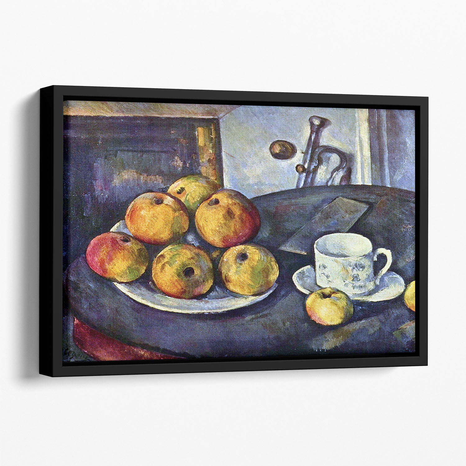Still life with a bottle and apple cart by Cezanne Floating Framed Canvas - Canvas Art Rocks - 1