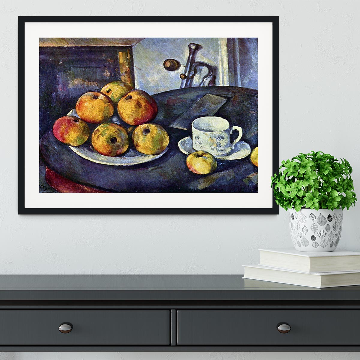Still life with a bottle and apple cart by Cezanne Framed Print - Canvas Art Rocks - 1