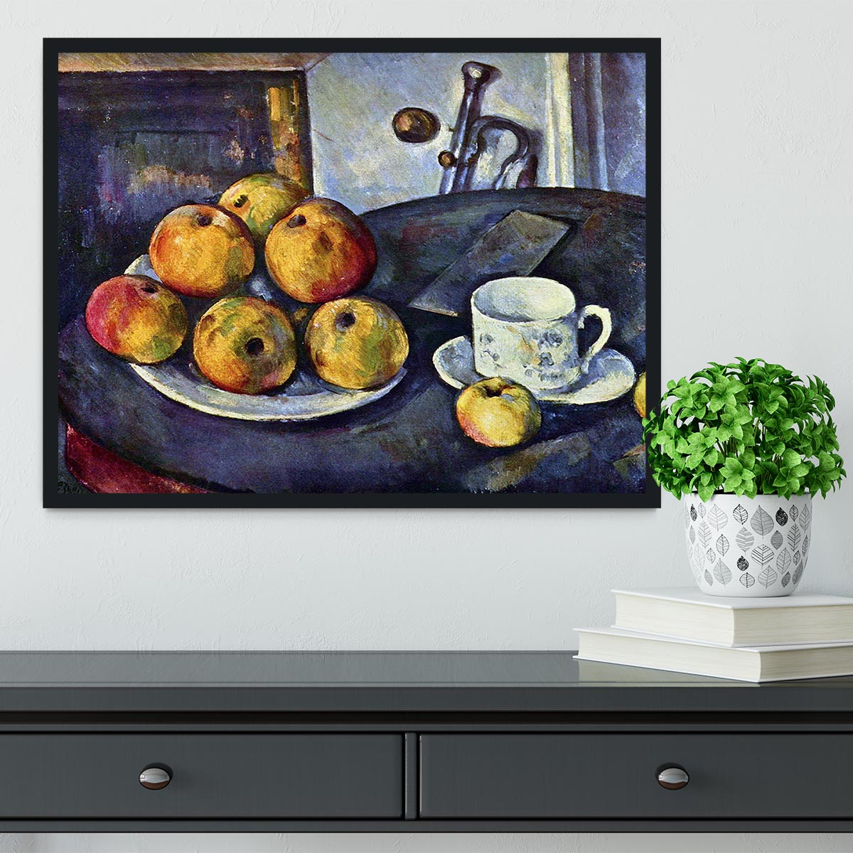Still life with a bottle and apple cart by Cezanne Framed Print - Canvas Art Rocks - 2