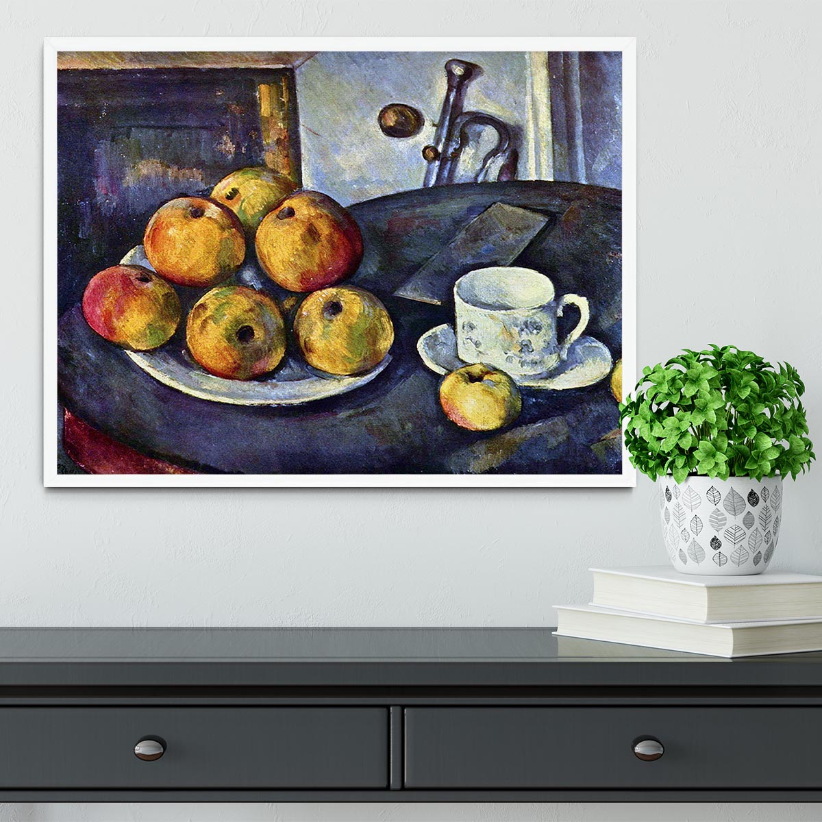 Still life with a bottle and apple cart by Cezanne Framed Print - Canvas Art Rocks -6