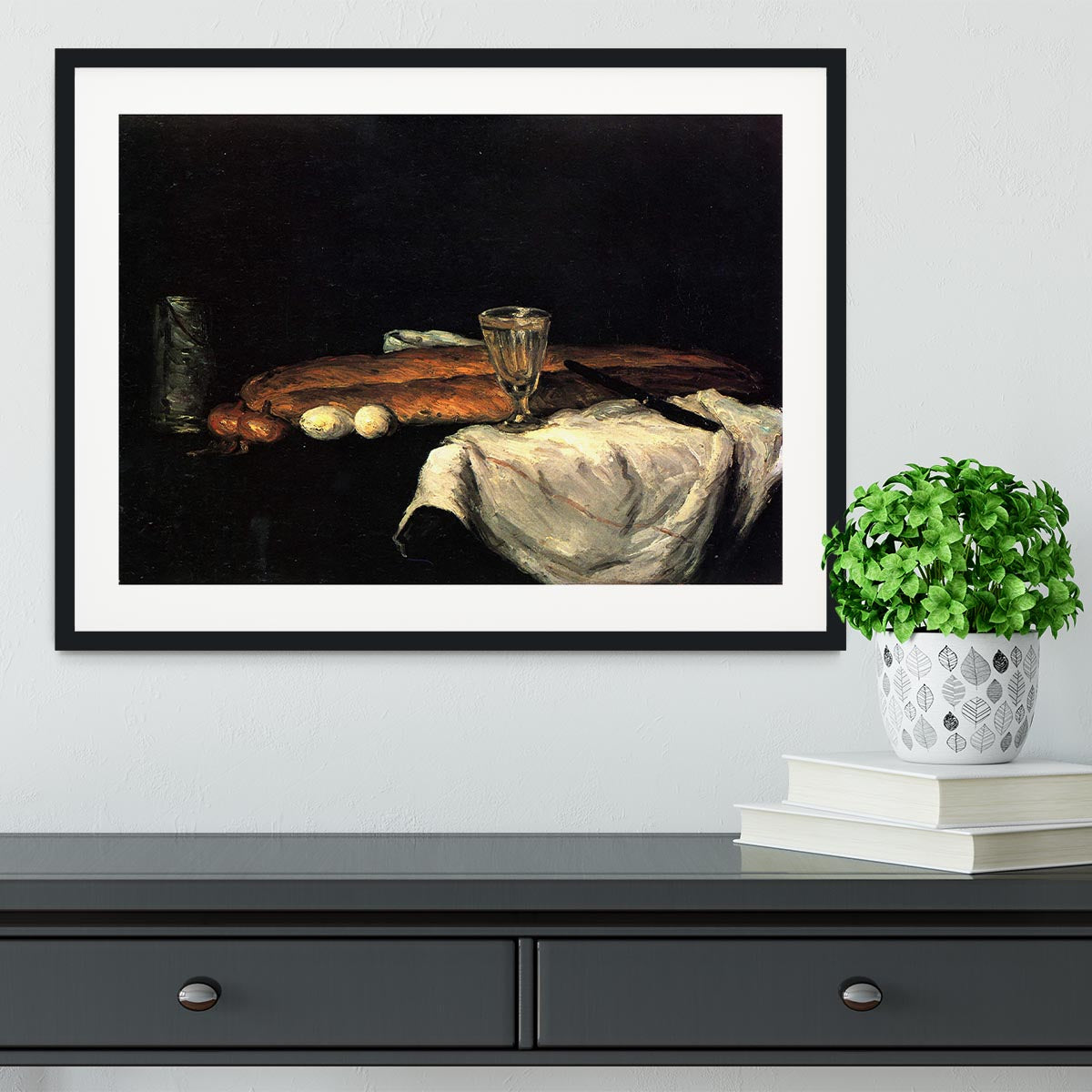 Still life with bread and eggs by Cezanne Framed Print - Canvas Art Rocks - 1