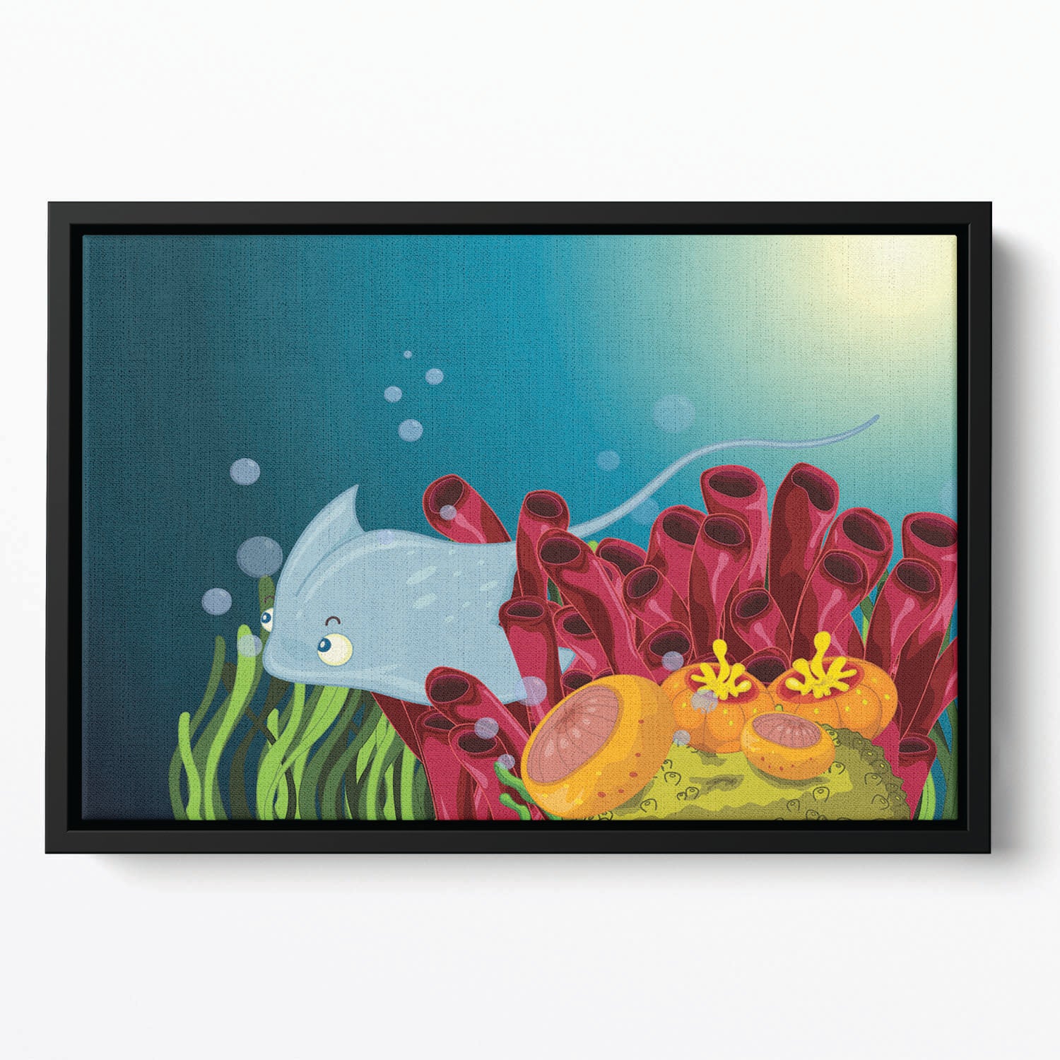 Sting ray hiding between water plants Floating Framed Canvas