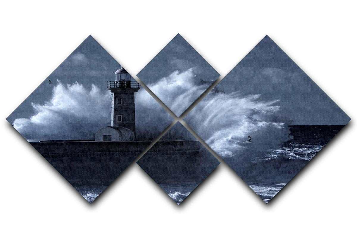 Stormy waves over old lighthouse 4 Square Multi Panel Canvas  - Canvas Art Rocks - 1