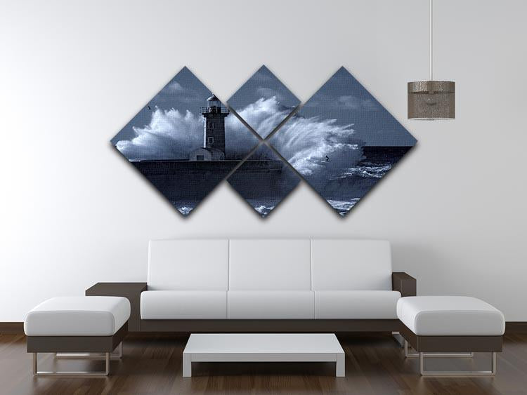 Stormy waves over old lighthouse 4 Square Multi Panel Canvas  - Canvas Art Rocks - 3
