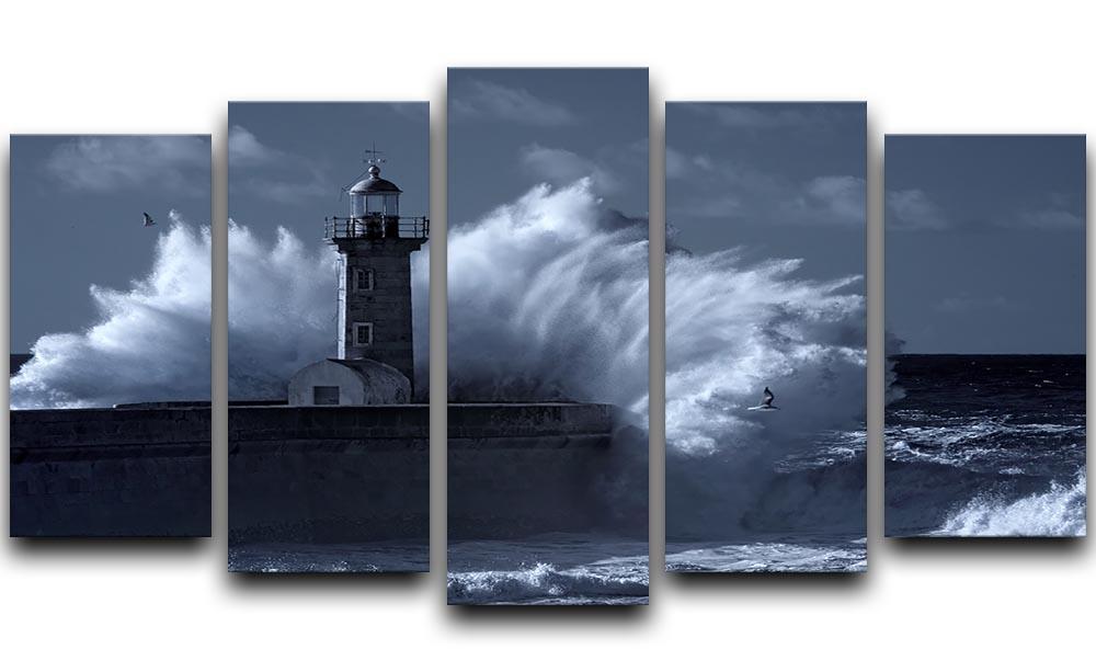 Stormy waves over old lighthouse 5 Split Panel Canvas  - Canvas Art Rocks - 1