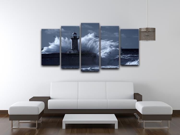 Stormy waves over old lighthouse 5 Split Panel Canvas  - Canvas Art Rocks - 3