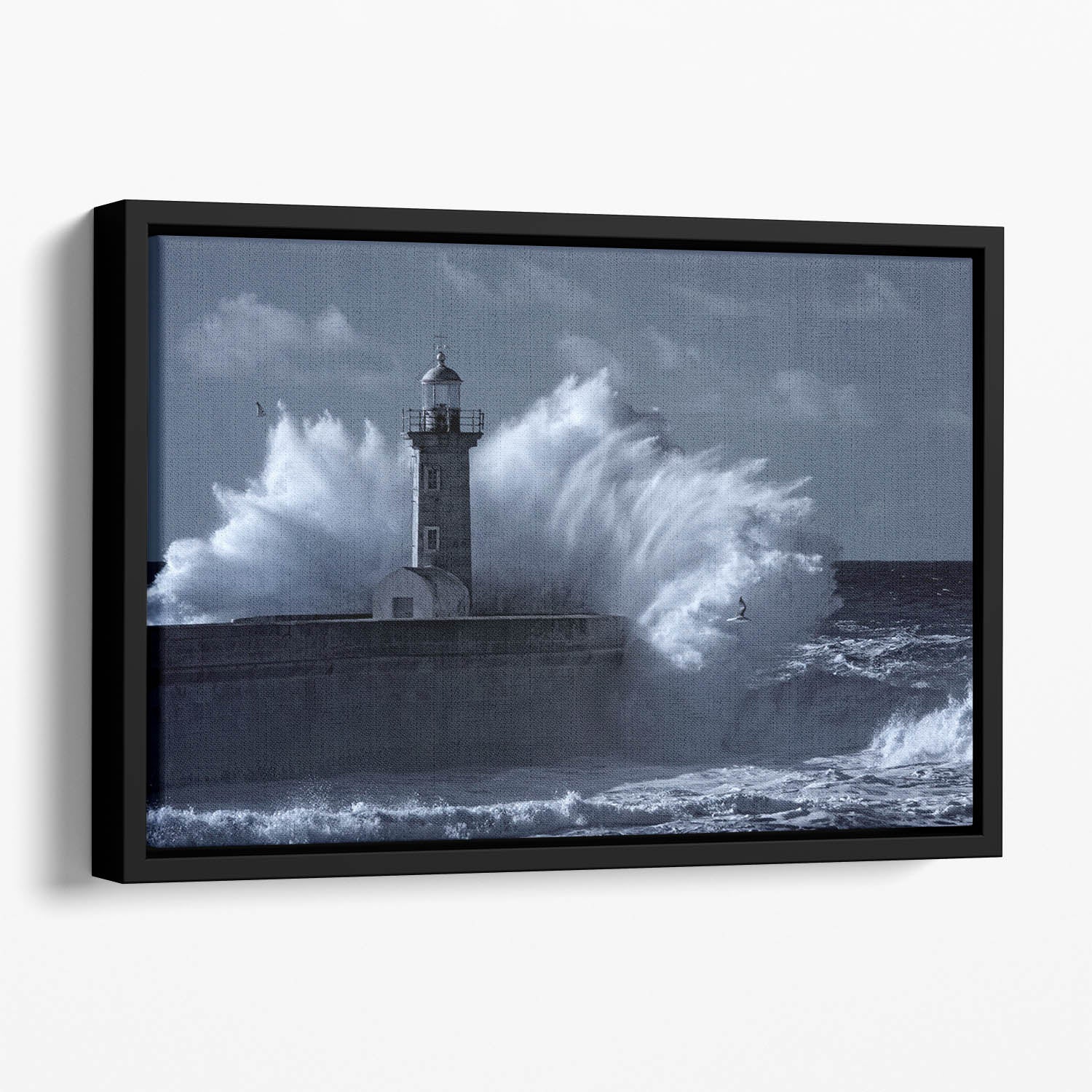 Stormy waves over old lighthouse Floating Framed Canvas