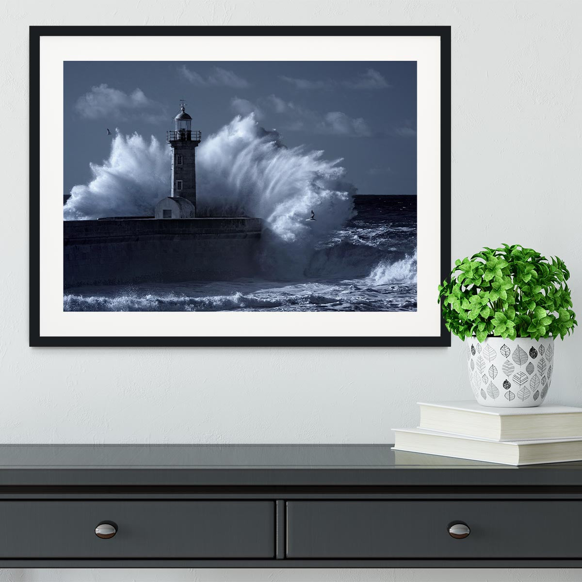 Stormy waves over old lighthouse Framed Print - Canvas Art Rocks - 1