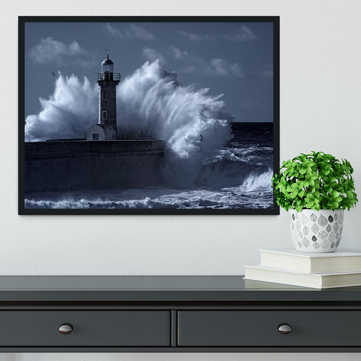 Stormy waves over old lighthouse Framed Print - Canvas Art Rocks - 2
