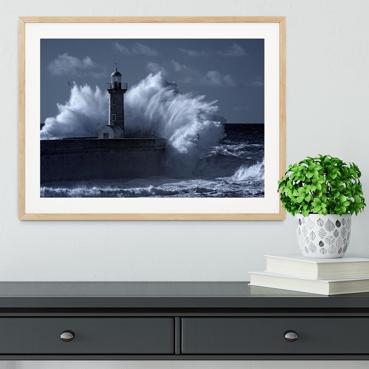 Stormy waves over old lighthouse Framed Print - Canvas Art Rocks - 3