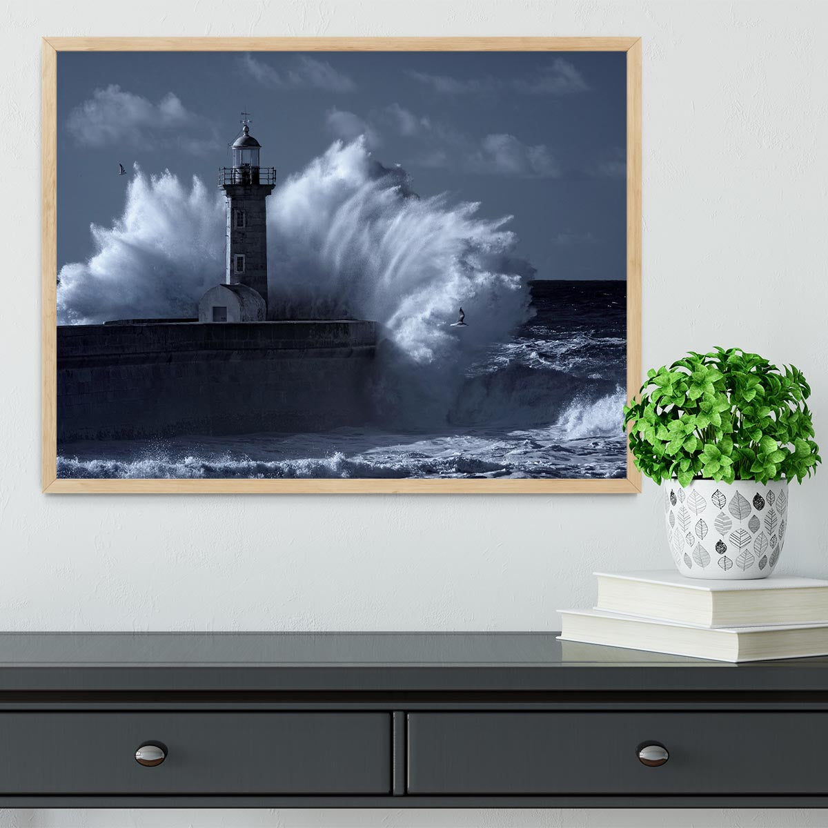 Stormy waves over old lighthouse Framed Print - Canvas Art Rocks - 4