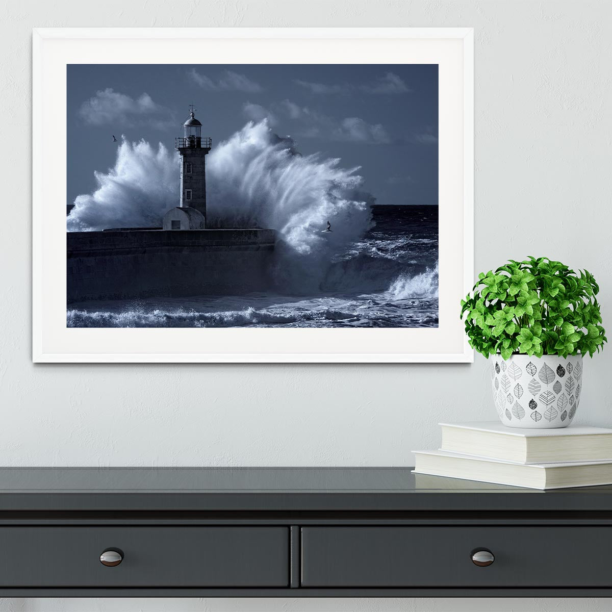 Stormy waves over old lighthouse Framed Print - Canvas Art Rocks - 5