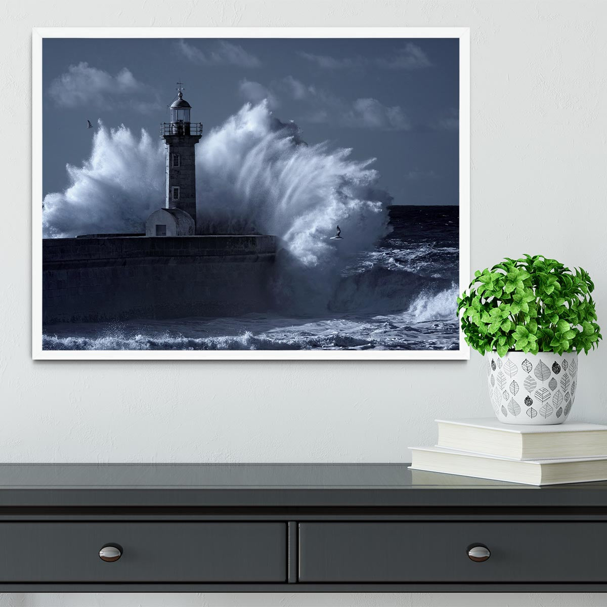Stormy waves over old lighthouse Framed Print - Canvas Art Rocks -6