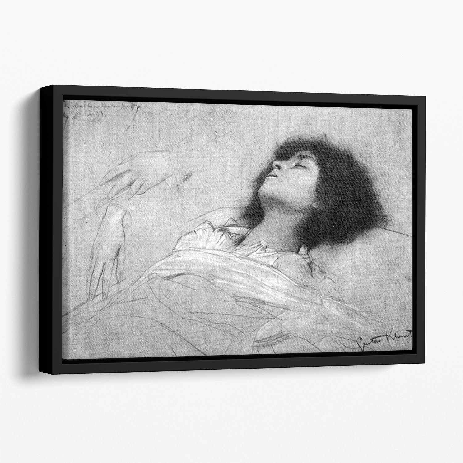 Study sheet with the upper body of a girl and sketches by Klimt Floating Framed Canvas