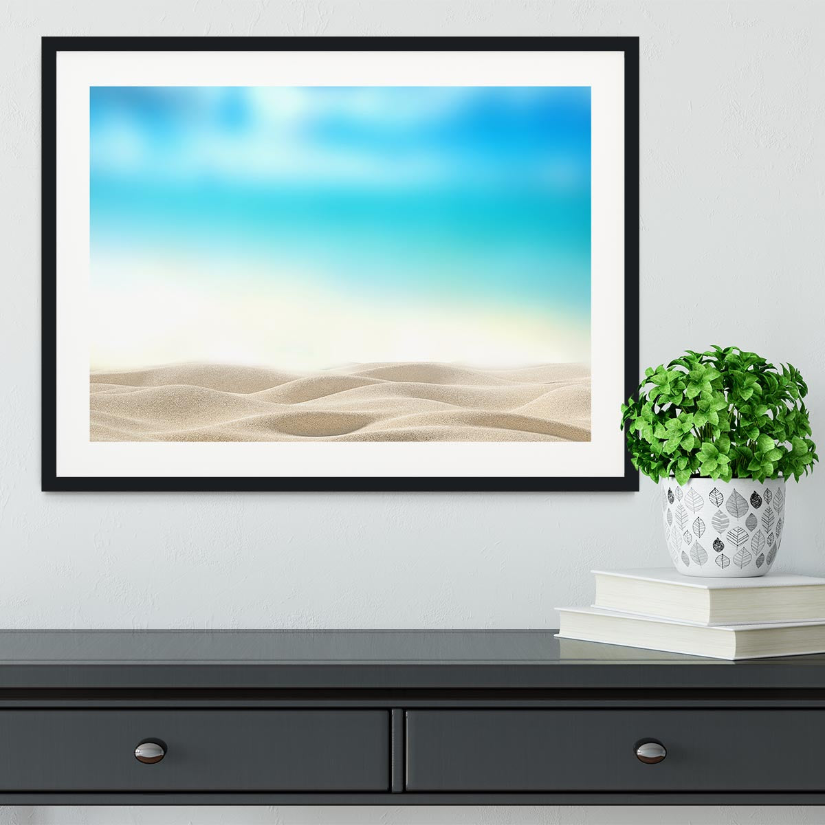 Summer exotic sandy beach with blur sea Framed Print - Canvas Art Rocks - 1