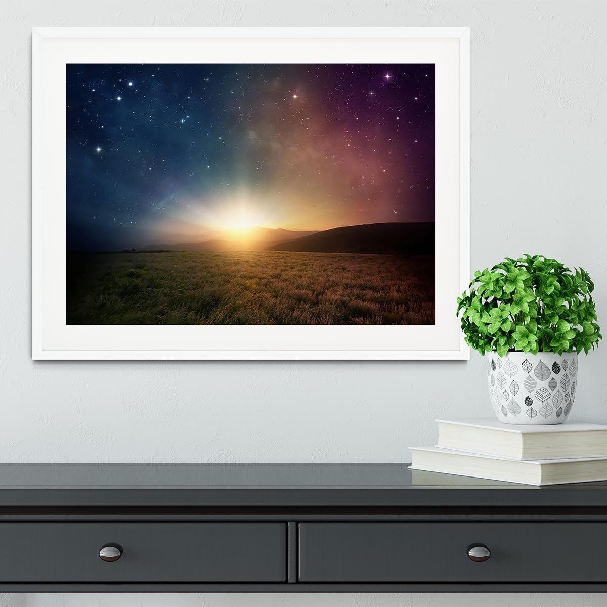 Sunrise with stars and galaxy in night Framed Print - Canvas Art Rocks - 5