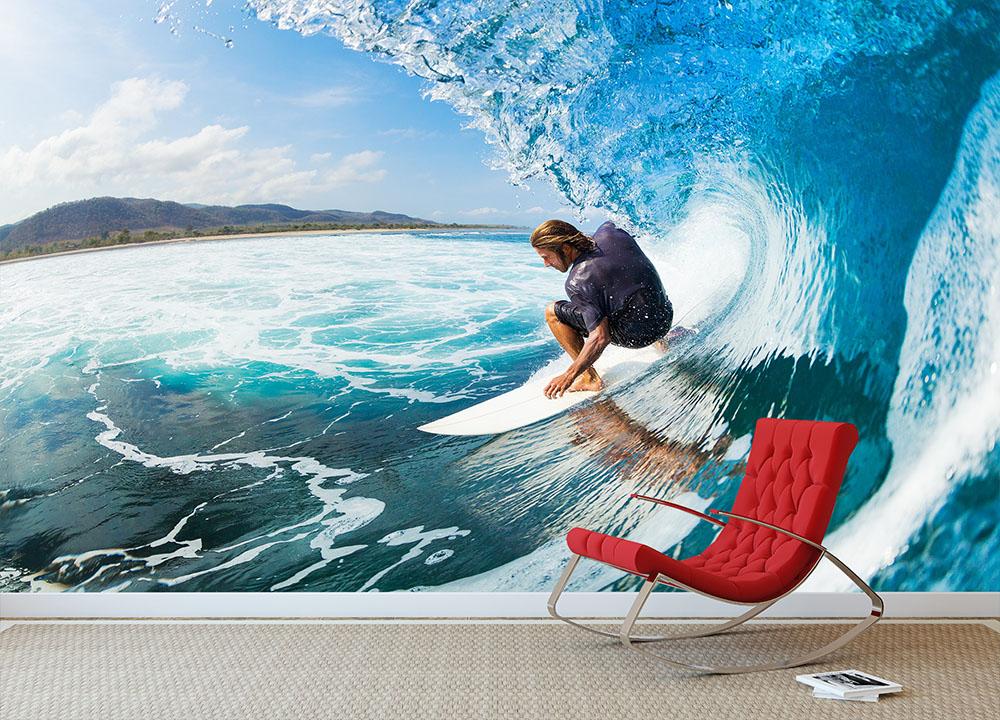 Surfer on Blue Ocean Wave in the Tube Wall Mural Wallpaper - Canvas Art Rocks - 2
