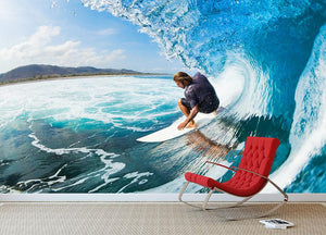 Surfer on Blue Ocean Wave in the Tube Wall Mural Wallpaper - Canvas Art Rocks - 2
