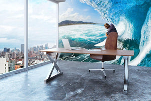 Surfer on Blue Ocean Wave in the Tube Wall Mural Wallpaper - Canvas Art Rocks - 3