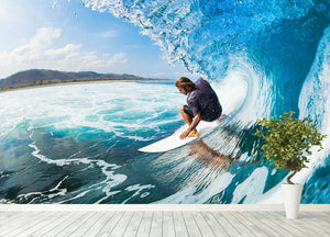 Surfer on Blue Ocean Wave in the Tube Wall Mural Wallpaper - Canvas Art Rocks - 4