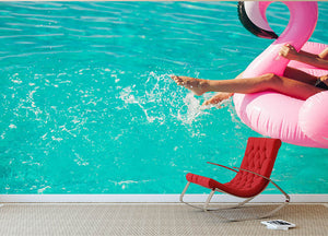Tan girl sits on inflatable mattress flamingos in the pool Wall Mural Wallpaper - Canvas Art Rocks - 2
