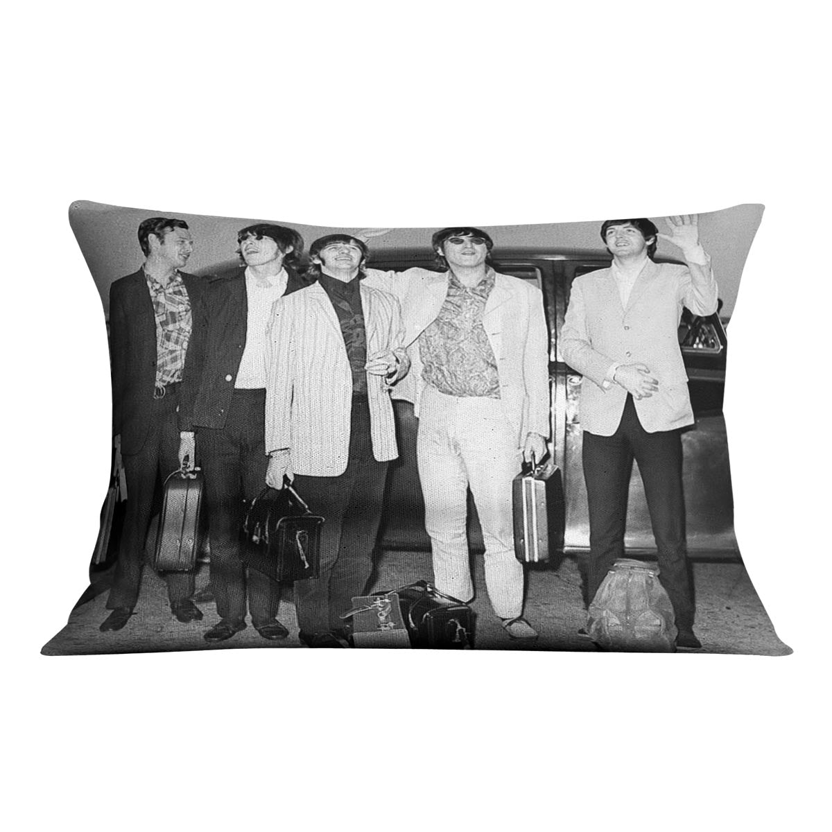 The Beatles and Brian Epstein at London Airport Cushion