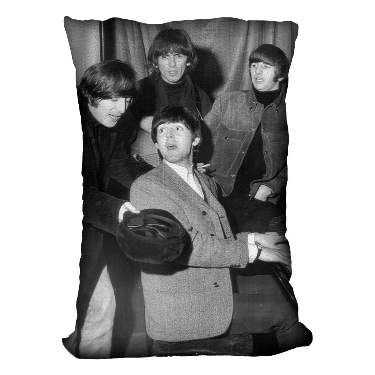 The Beatles gathered round a piano Cushion