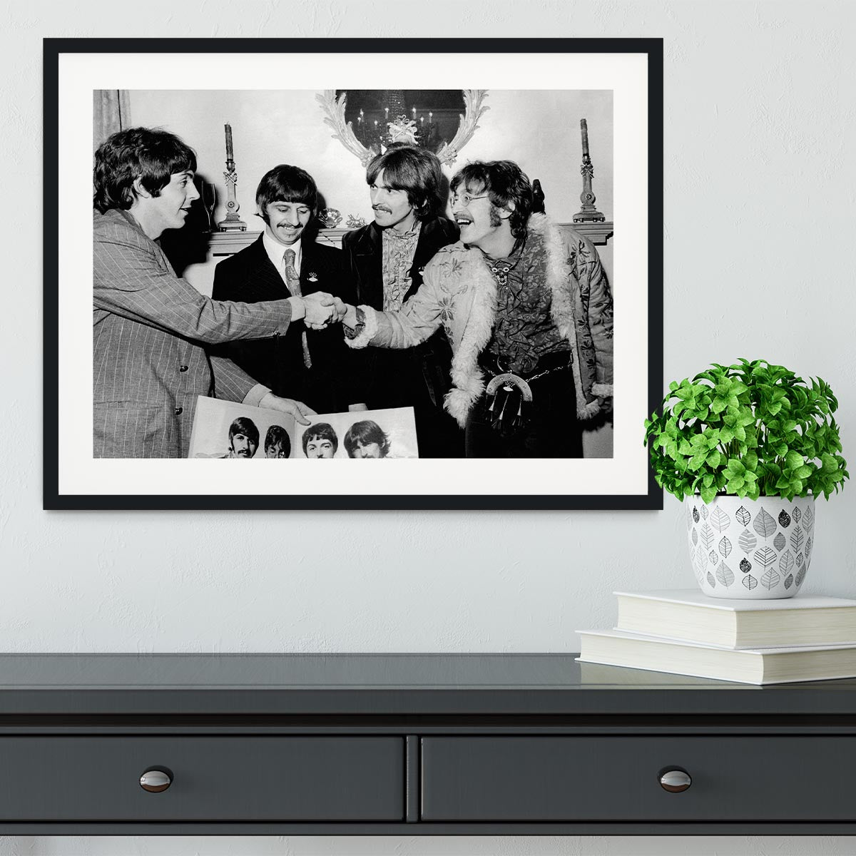 The Beatles shaking hands in 1967 Framed Print - Canvas Art Rocks - 1