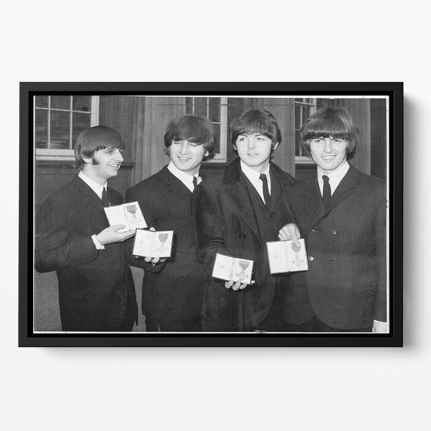 The Beatles show their MBEs Floating Framed Canvas
