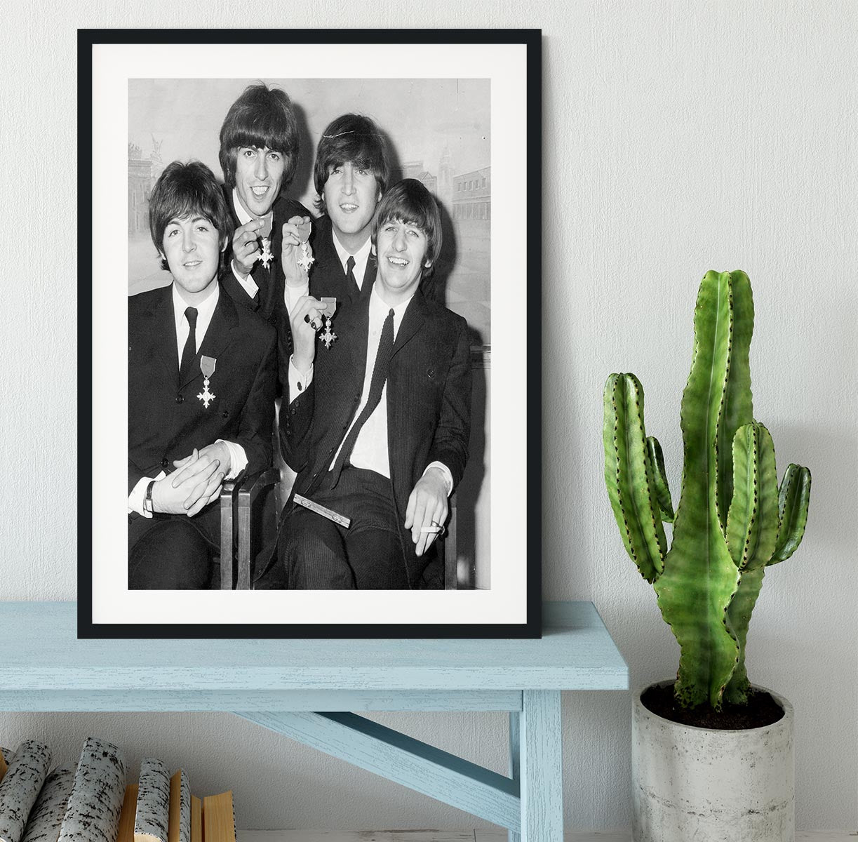 The Beatles sitting with their MBEs Framed Print - Canvas Art Rocks - 1