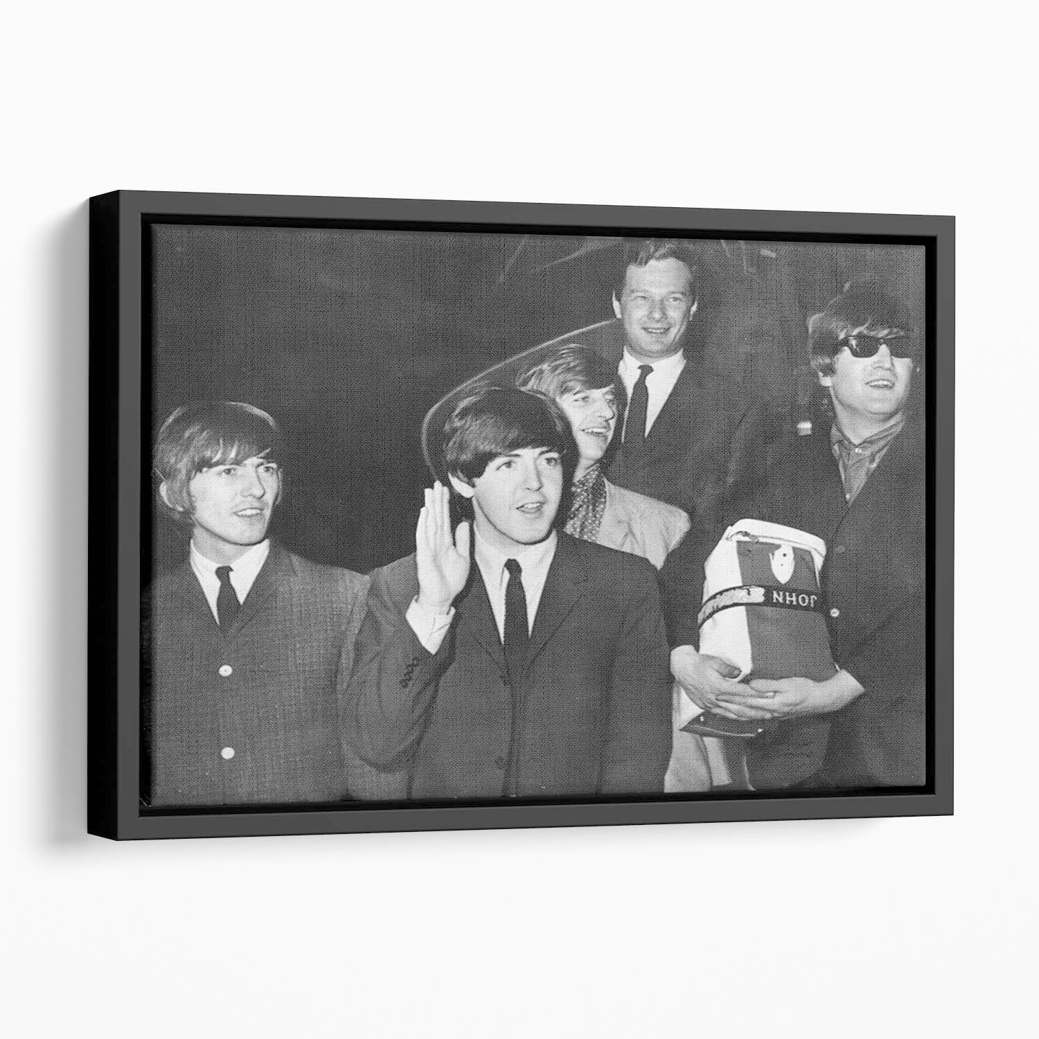 The Beatles with Brian Epstein at London Airport Floating Framed Canvas