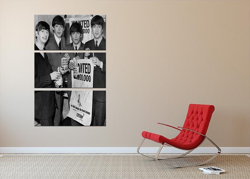 The Beatles with an Oxfam poster 3 Split Panel Canvas Print - Canvas Art Rocks - 2