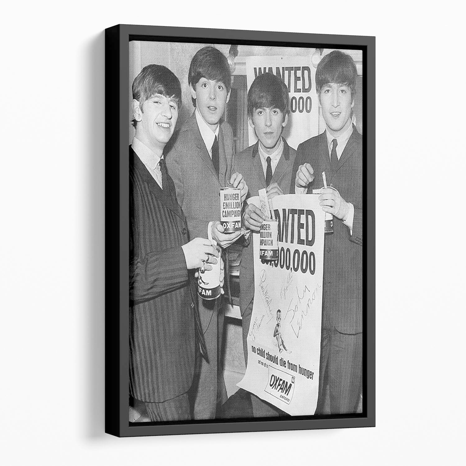 The Beatles with an Oxfam poster Floating Framed Canvas