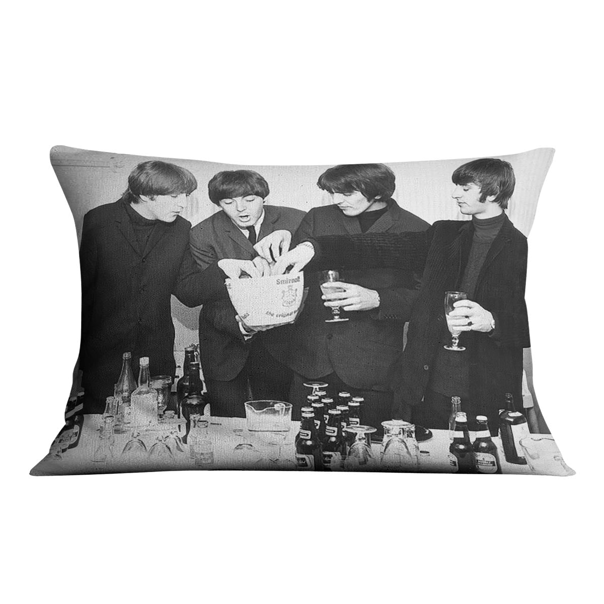 The Beatles with bottles of beer Cushion
