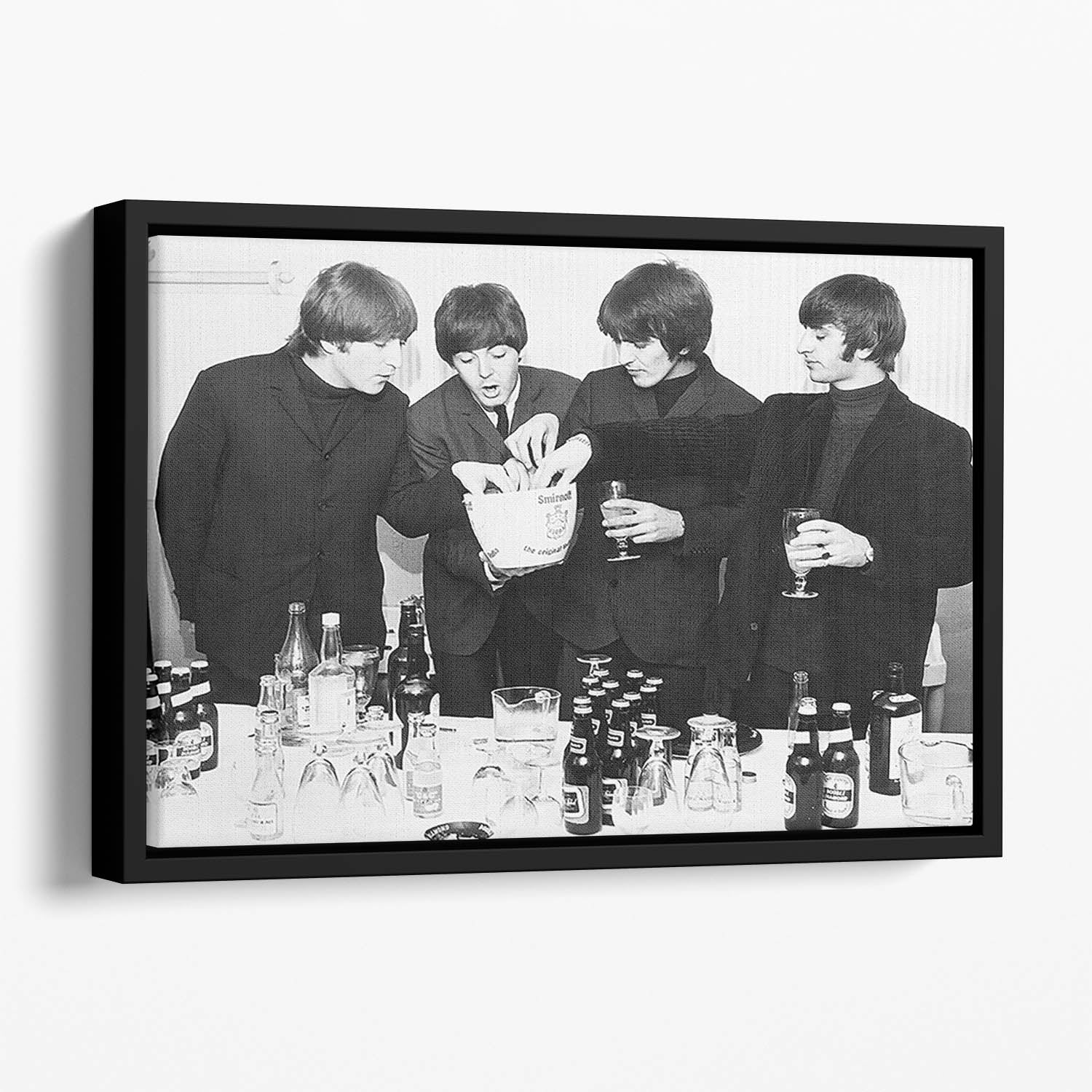 The Beatles with bottles of beer Floating Framed Canvas