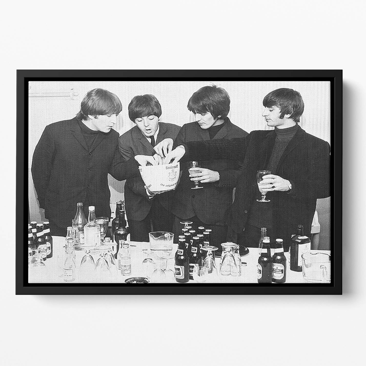 The Beatles with bottles of beer Floating Framed Canvas